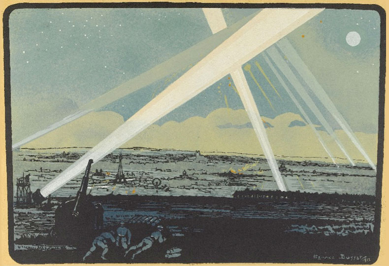 Maurice Busset, Paris bombardé. Lumières de la DCA illuminant le ciel de Paris, 1918. Ville de Paris. Bibliothèque historique de la Ville de Paris. Maurice Busset, Paris bombardé. Lumières de la DCA illuminant le ciel de Paris, 1918. Ville de Paris. Bibliothèque historique de la Ville de Paris.