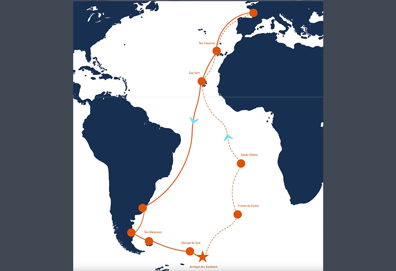 Parcours de l'expédition scientifique à la voile : de l’Atlantique à l’océan Austral vers les îles Sandwich du Sud