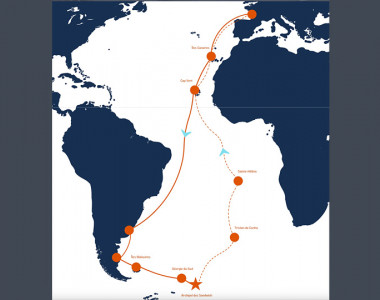 Parcours de l'expédition scientifique à la voile : de l’Atlantique à l’océan Austral vers les îles Sandwich du Sud