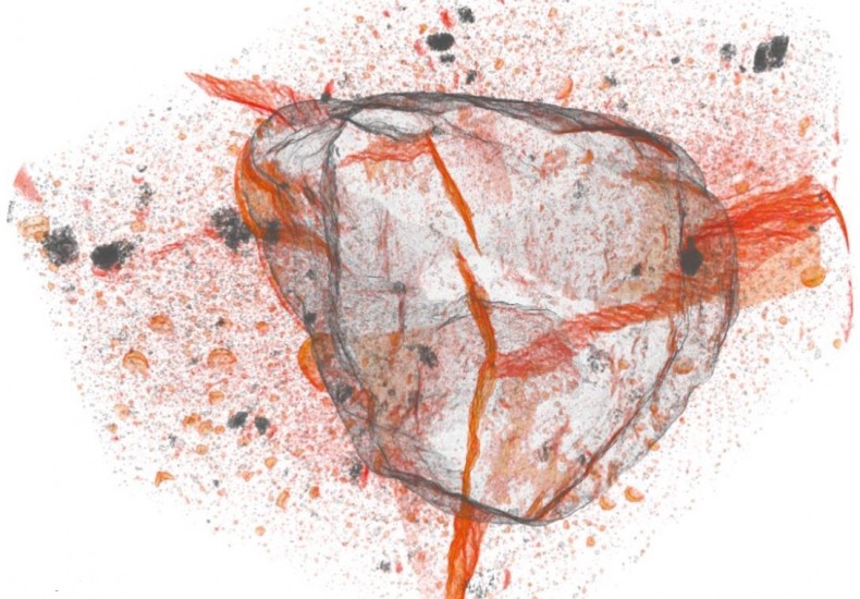 Suivi tomographique d’une fissuration d’un échantillon matrice cimentaire/granulat isolé. La porosité et les fissures apparaissent en rouge