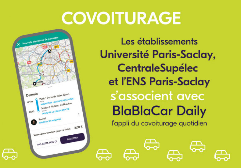 Partnership between the University of Paris-Saclay, CentraleSupélec and ENS Paris-Saclay signed with the company Blablacardaily to encourage carpooling.