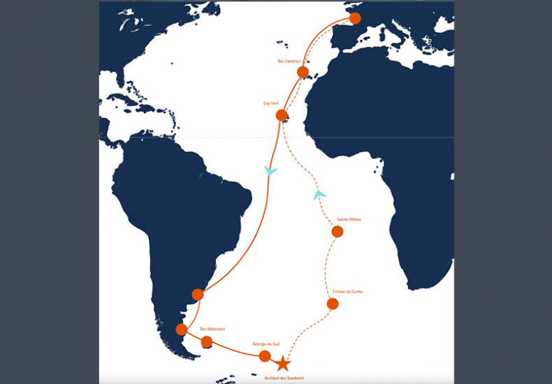 Parcours de l'expédition scientifique à la voile : de l’Atlantique à l’océan Austral vers les îles Sandwich du Sud